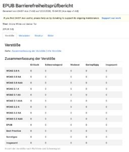 screenshot eines Barrierefreiheitprüfberichts eines EPUB, 0 Verstösse oder Fehler.
