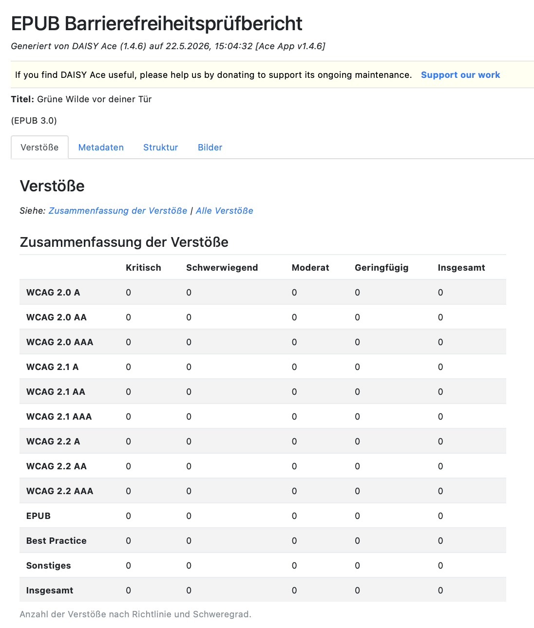 screenshot eines Barrierefreiheitprüfberichts eines EPUB, 0 Verstösse oder Fehler.