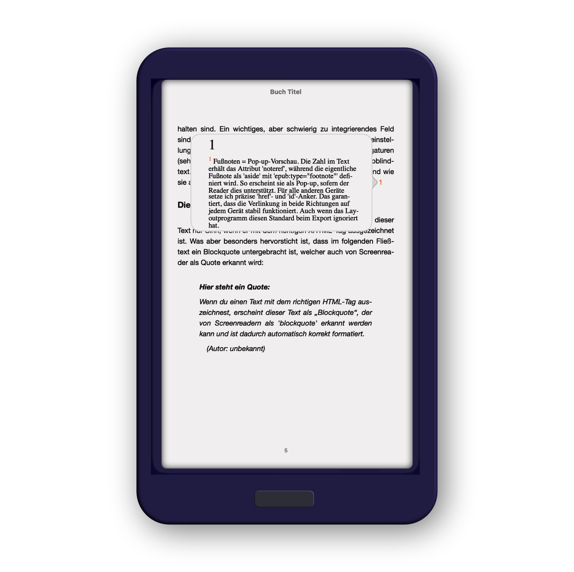 E-Reader Illustration zeigt ein eBook mit einer geöffneten Pop-up-Fußnote und einem Textbeispiel zur korrekten semantischen Auszeichnung von Zitaten für Screenreader.