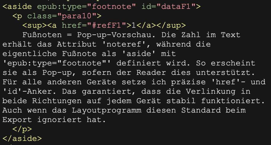 Bild EPUB Reparatur und Fix in der Codestruktur mit dem footnote-tag.