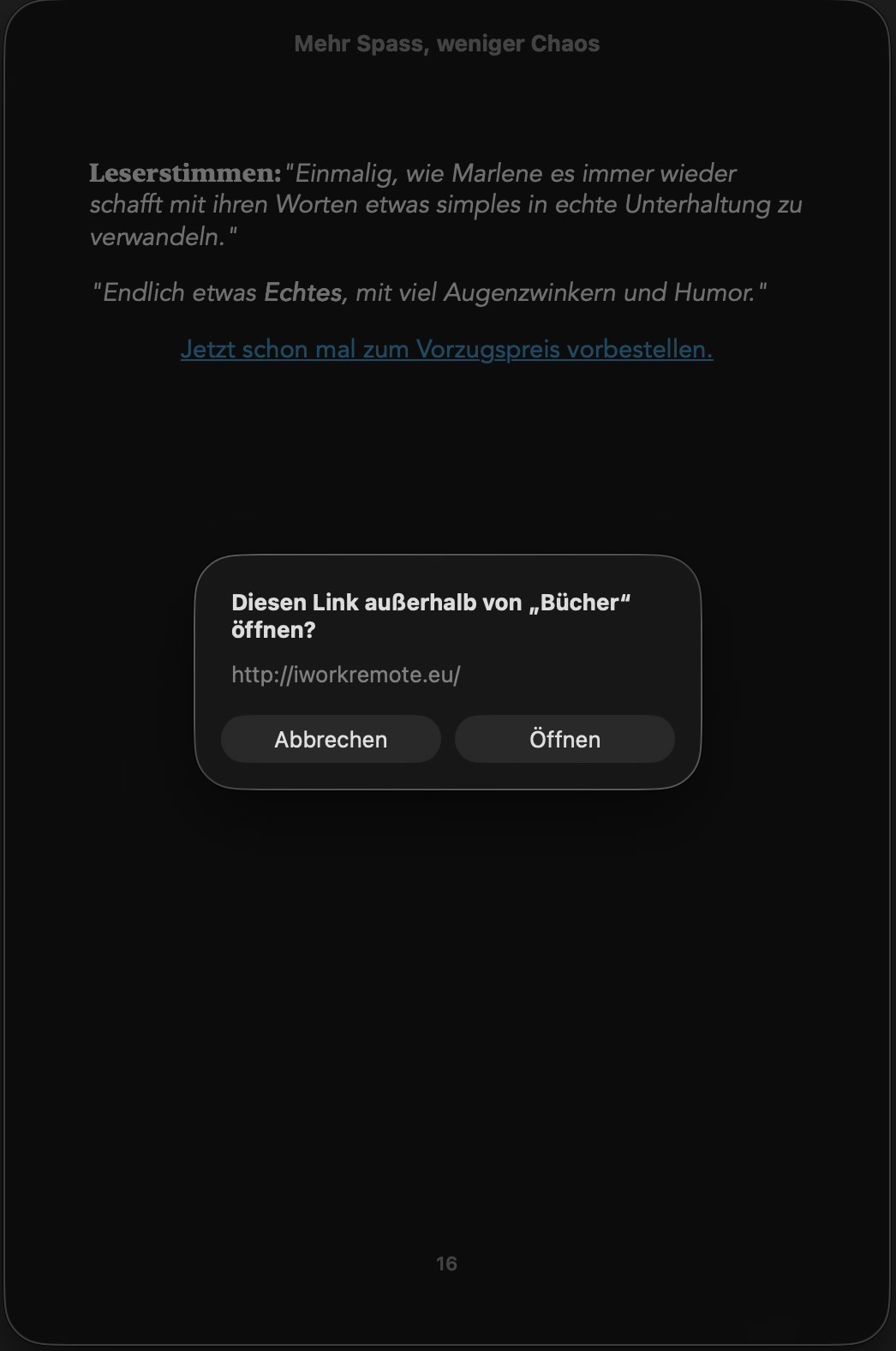 Screenshot von Abfrage beim Versuch externen Link zu öffnen