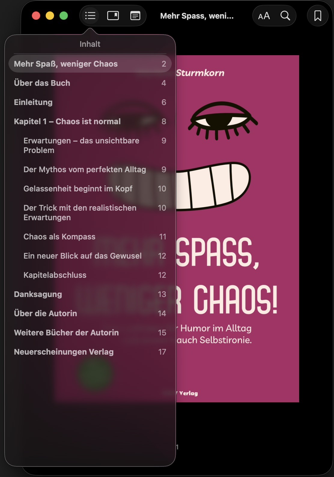 Screenshotgeöffnetem Index / TOC auf Tablet