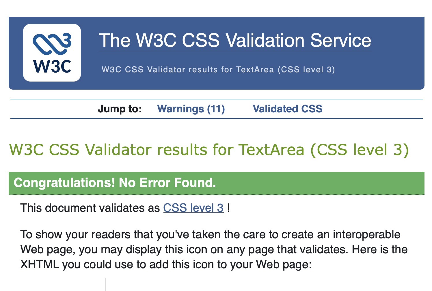 Screenshot Prüfreport CSS Validation durch W3C