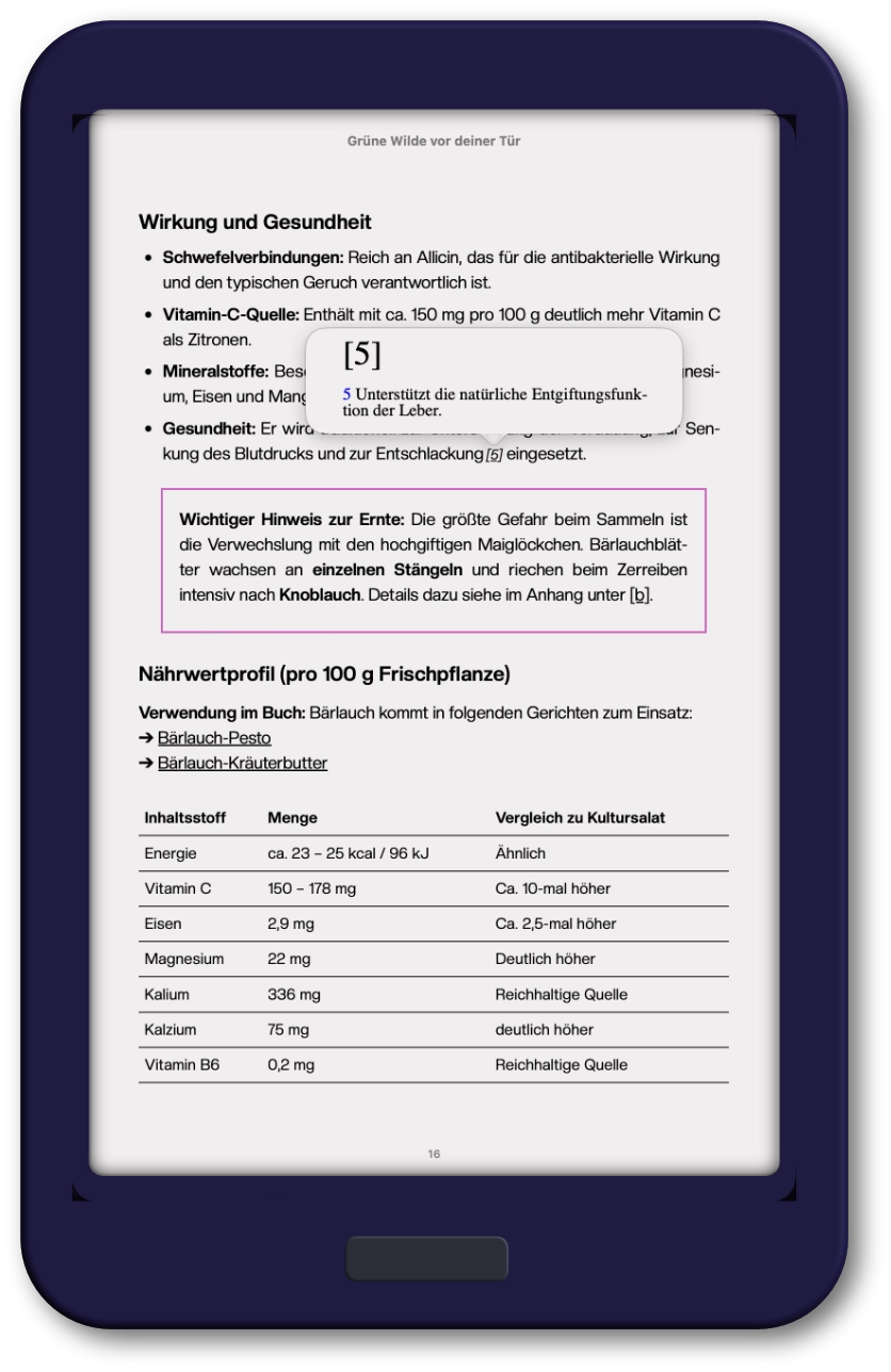 repariertes epub als ebook-Vorschau mit einer geöffneten Pop-up-Fußnote, Infobox-Rahmen, interner Verlinkung, Querverweis und Tabelle