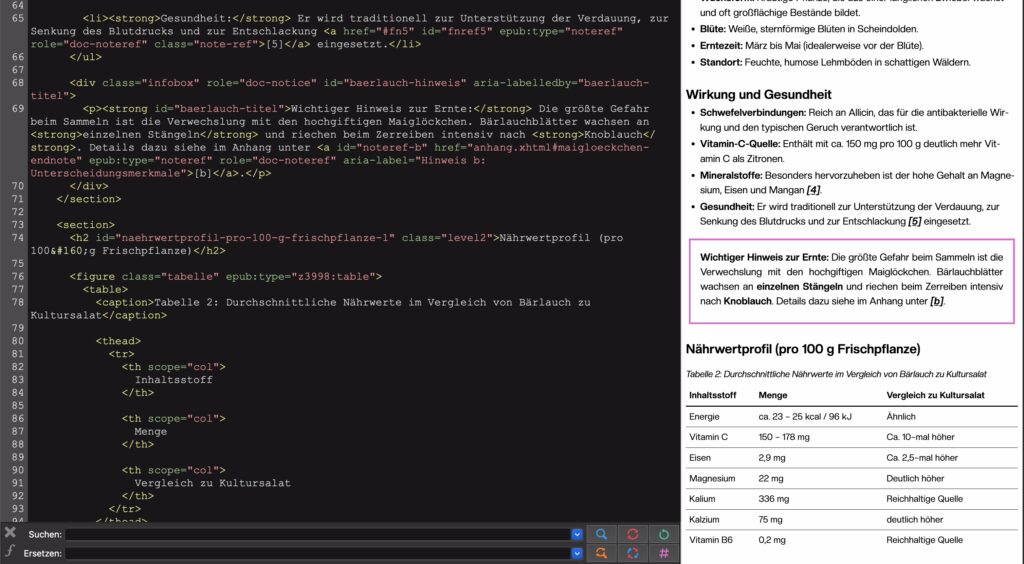 Screenshot des Code-Auszuges in der Software Sigil, der eine Fussnote, eine Endnote, den Gifthinweis als Infobox und den Beginn der Tabelleb-Tags zeigt. Zu sehen sind die Attribute (id, href, epub:type, aria-roles und class, die nachher Funktionen und Barrierefreiheit herstellen, sowie das Layout im CSS für die Darstellung.